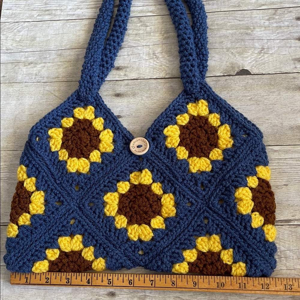 Sunflower Granny Square Lined Crochet Hand Crafted Bag - Picture 5 of 10